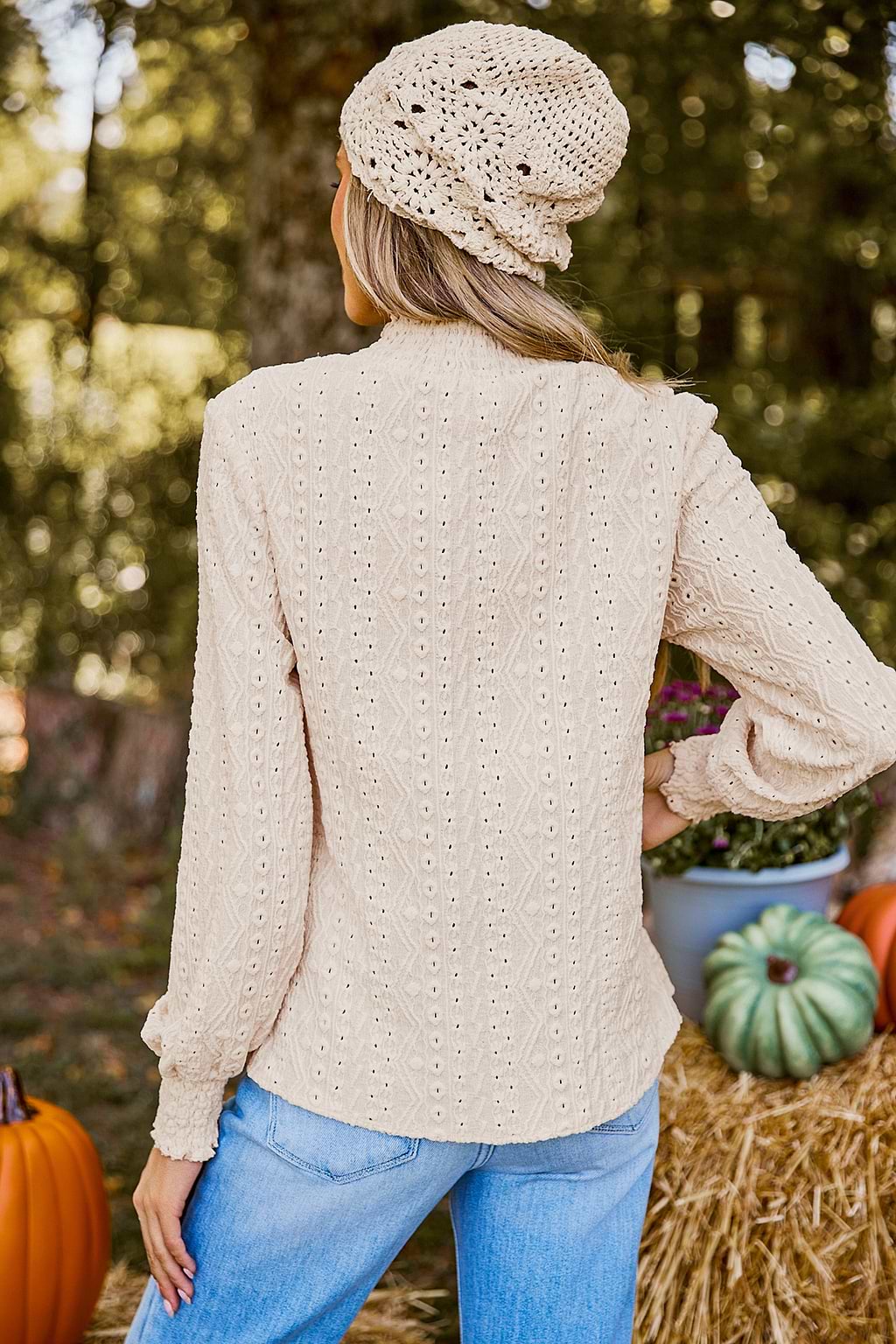 Beige Eyelet Mockneck Poet Sleeve Blouse