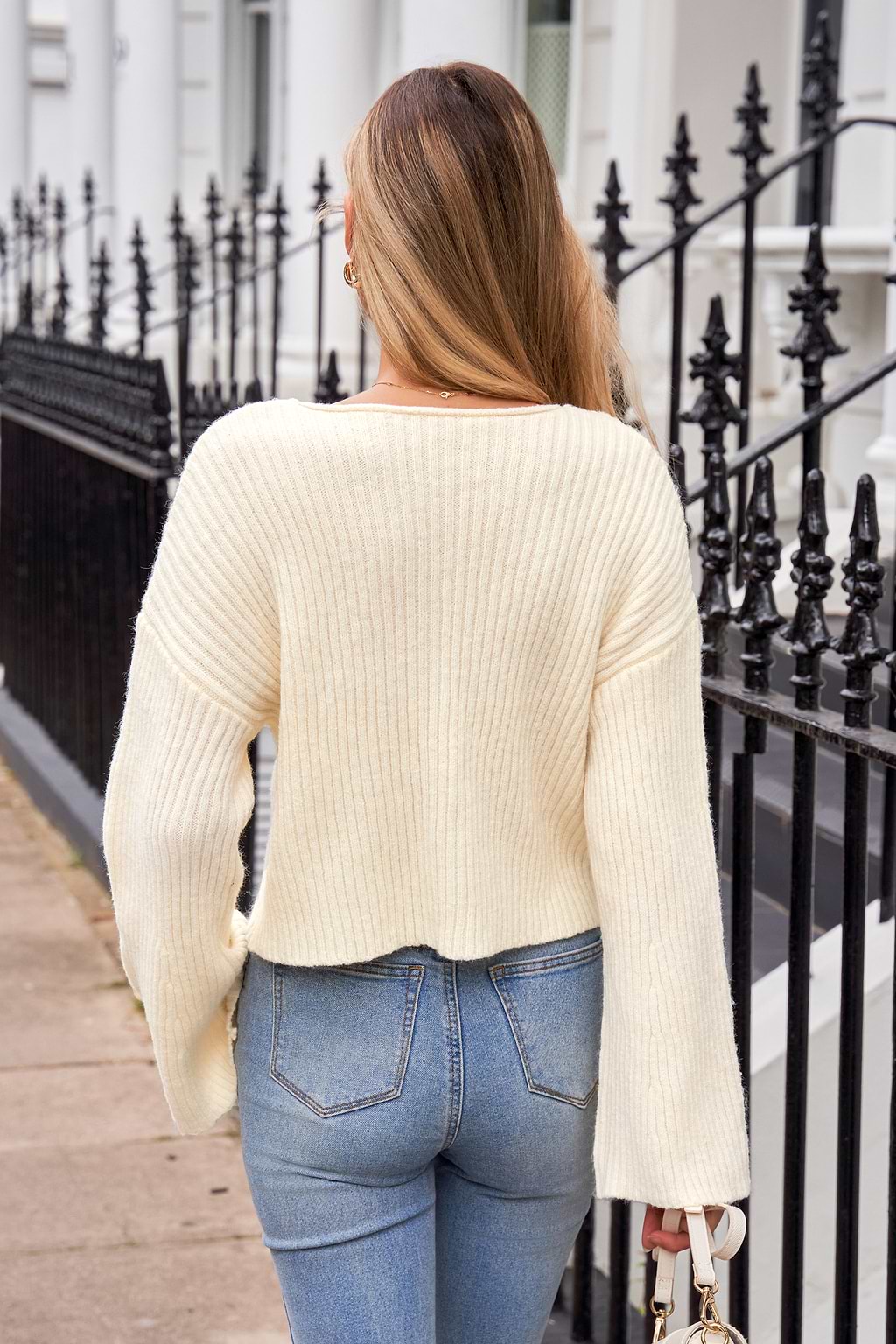 White Ribbed Knit V-Neck Drop Shoulder Long Sleeve Sweater