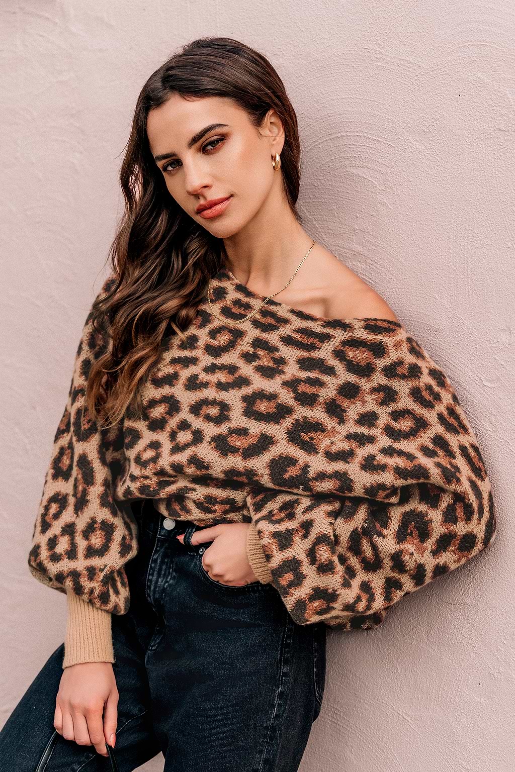 Leopard Print Boatneck Puff Sleeve Sweater