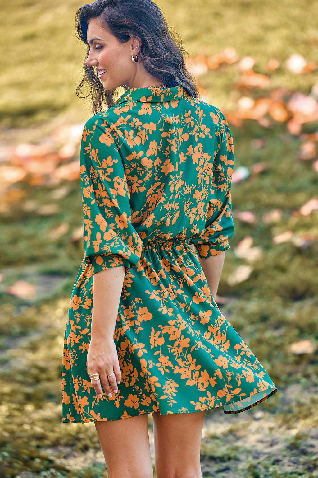 Green & Yellow Floral Collared Half Sleeve Mini Dress