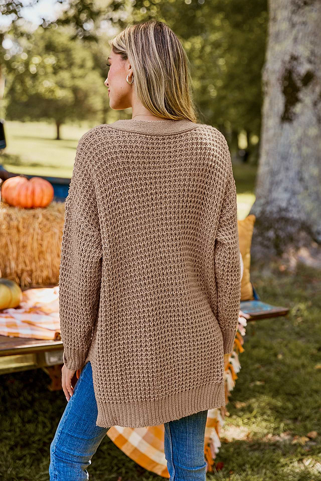 Light Brown V-Neck Long Sleeve Henley Sweater