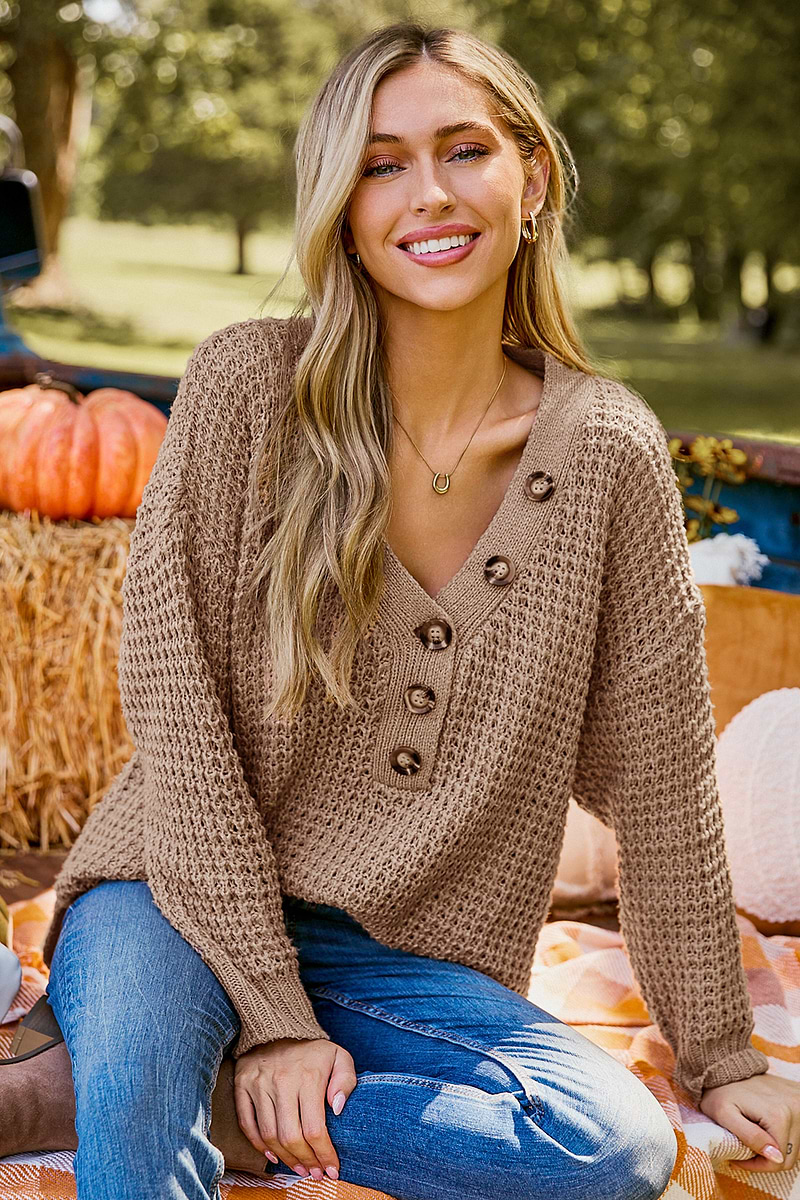 Light Brown V-Neck Long Sleeve Henley Sweater