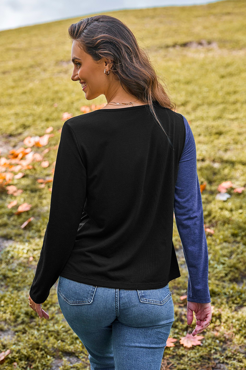 Blue & Black Asymmetrical Long Sleeve Tee