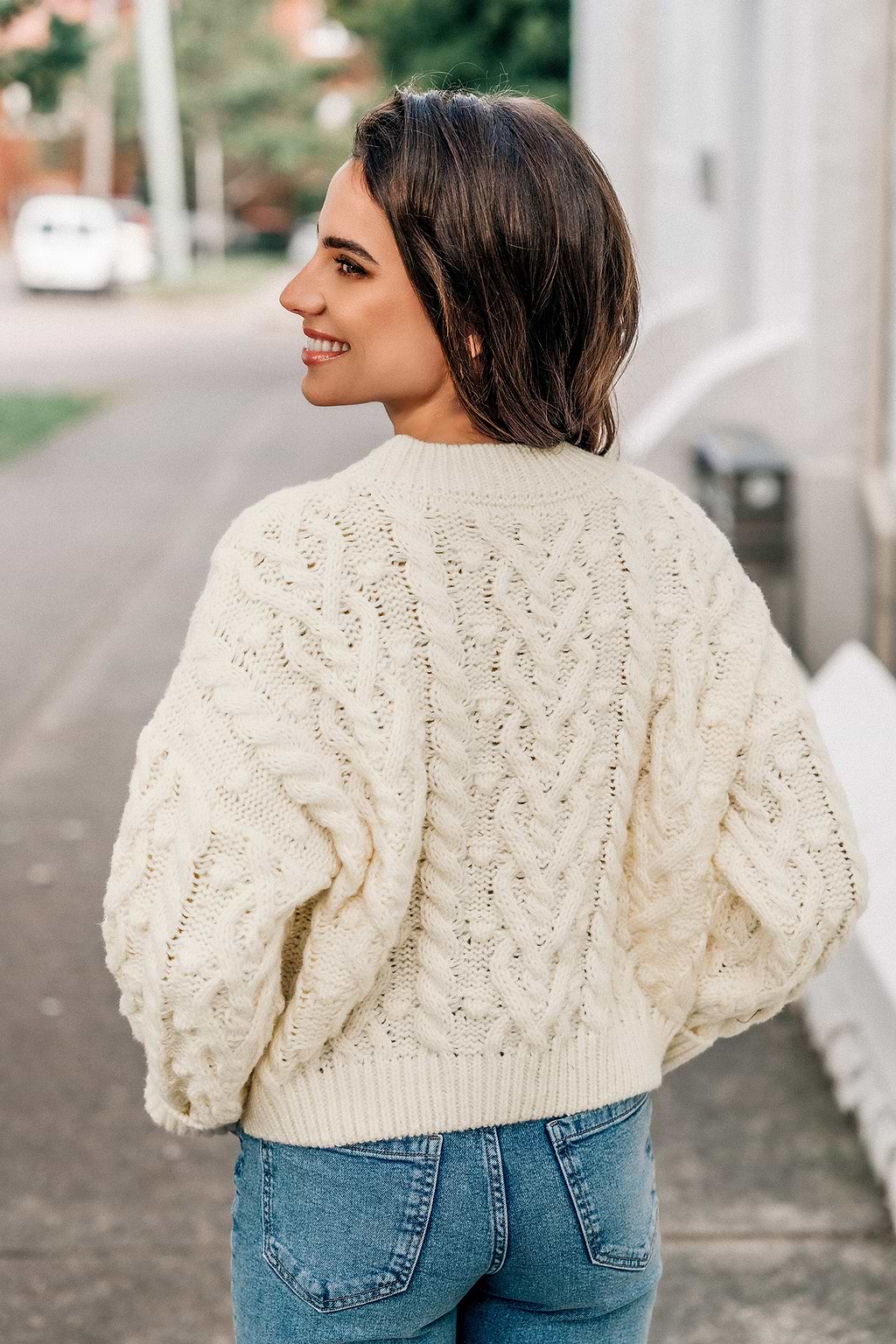 Beige Cable Knit Drop Shoulder Sweater