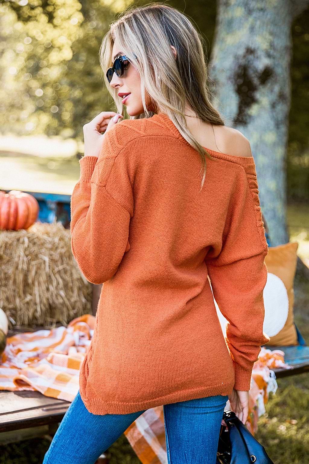 Burnt Orange Cable Knit Asymmetrical Off-Shoulder Sweater