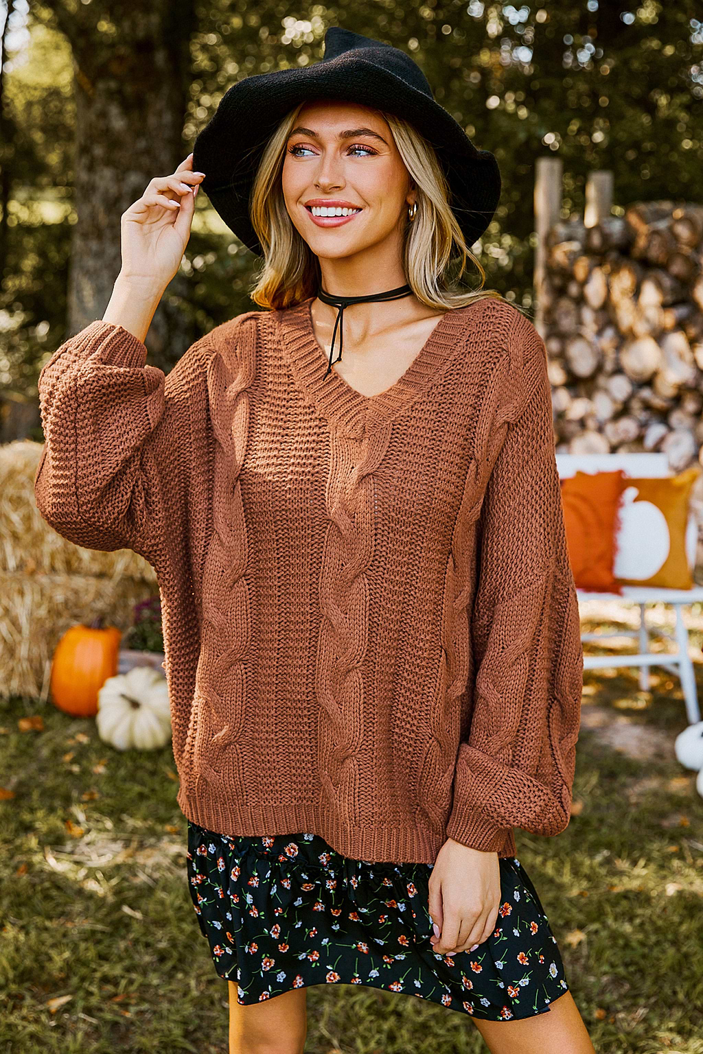 Orange V-Neck Long Sleeve Cable Knit Sweater