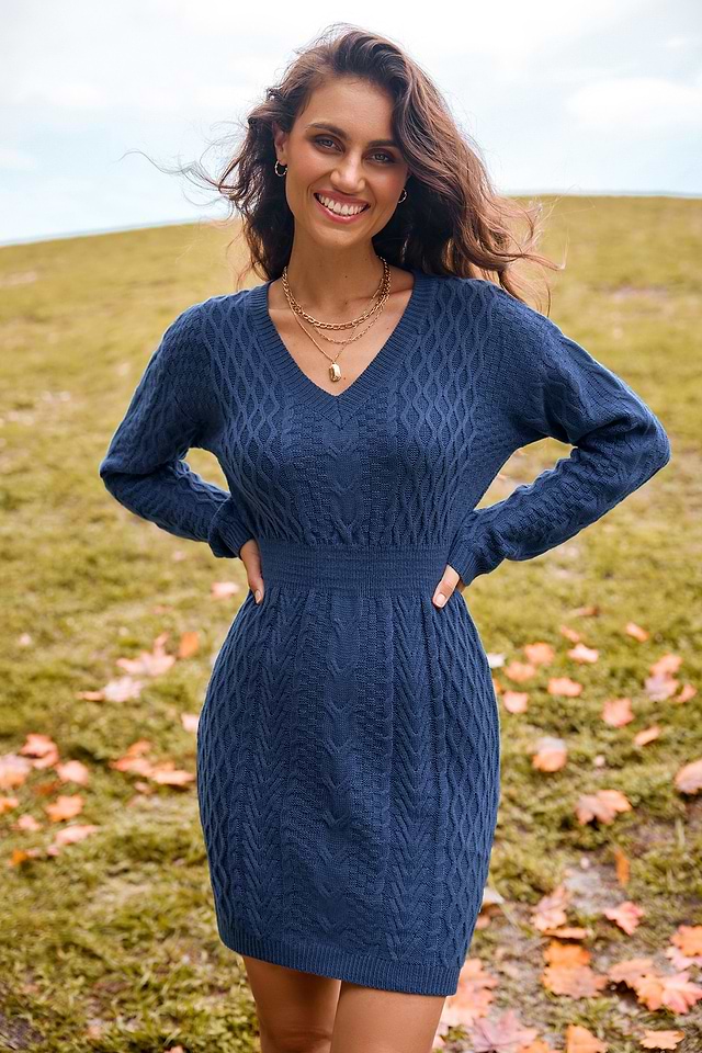 Blue V-Neck Long Sleeve Mini Cable Knit Sweater Dress