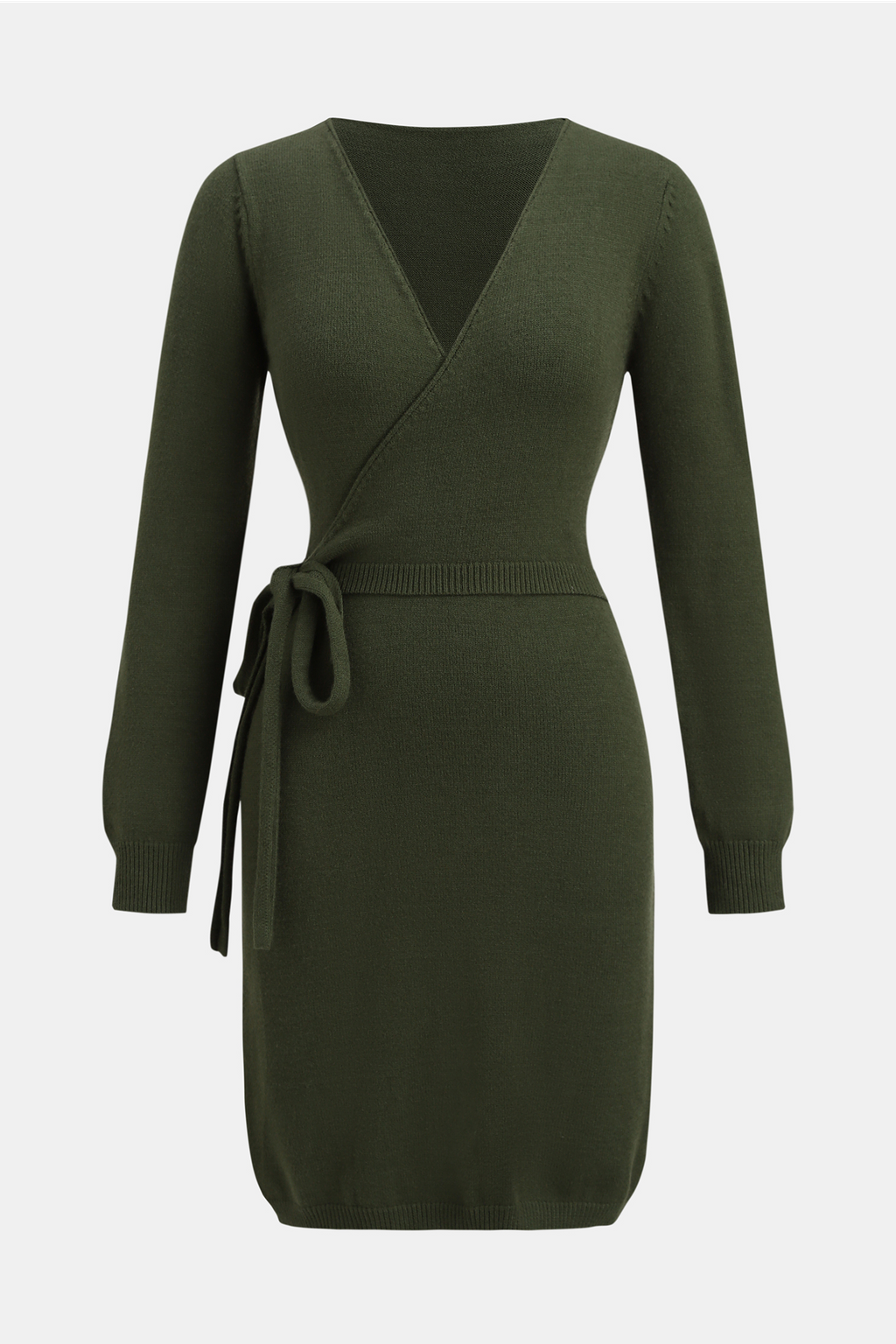 Olive Green Long Sleeve Wrap Mini Sweater Dress
