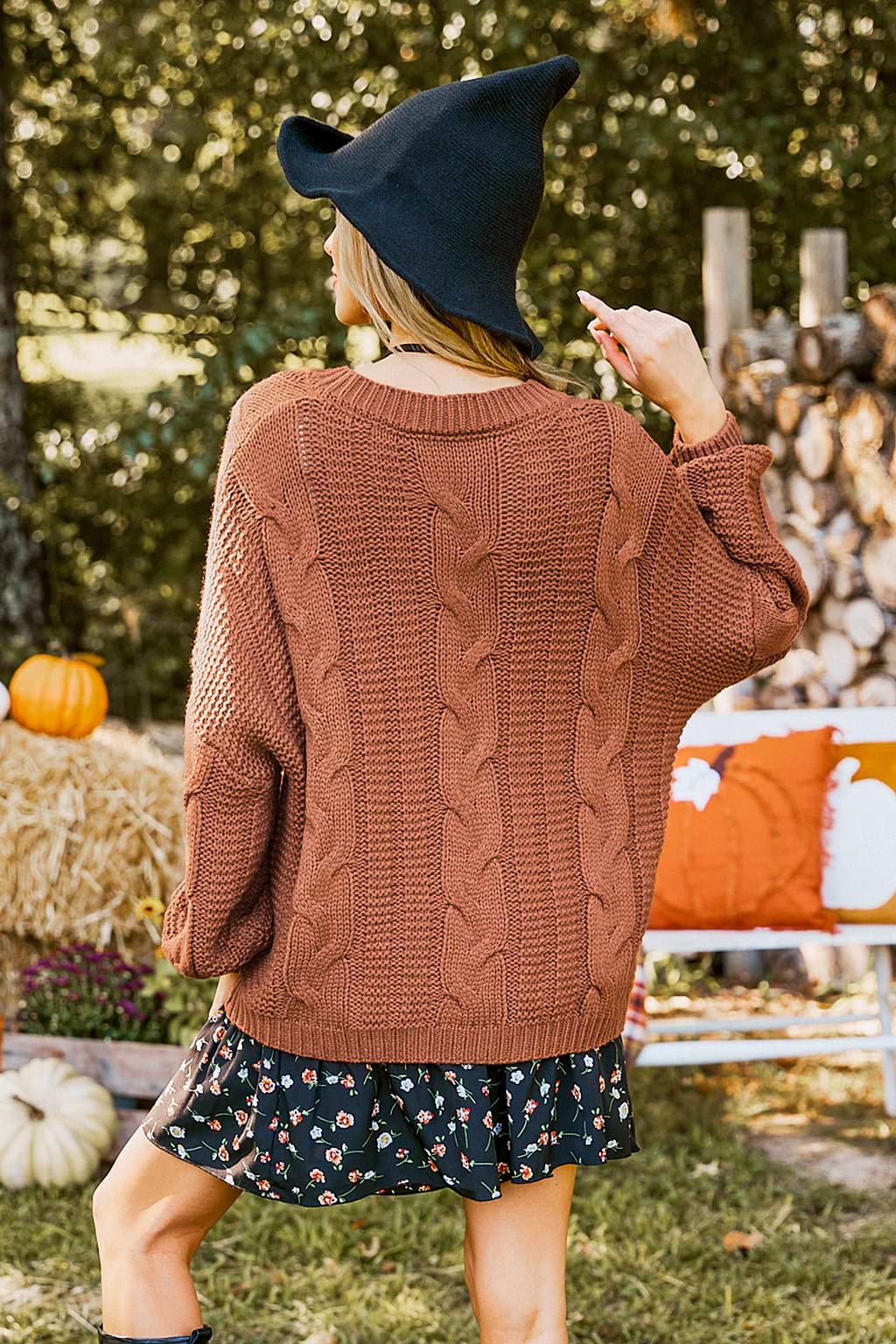 Orange V-Neck Long Sleeve Cable Knit Sweater