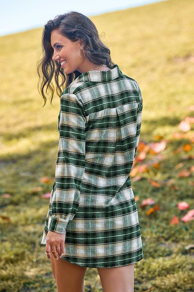 Green Plaid Front Button Mini Shirt Dress