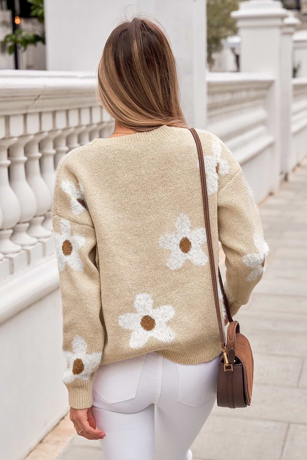 Apricot Floral Drop Shoulder Long Sleeve Sweater