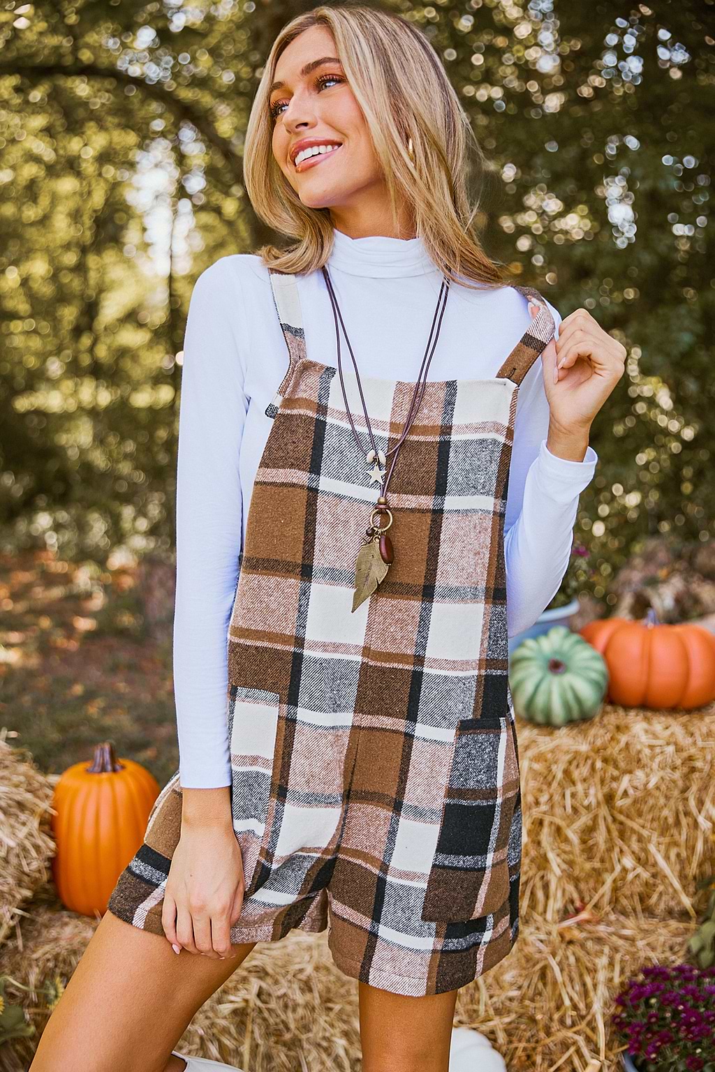 Brown Plaid Square Neck Sleeveless Wide Leg Romper