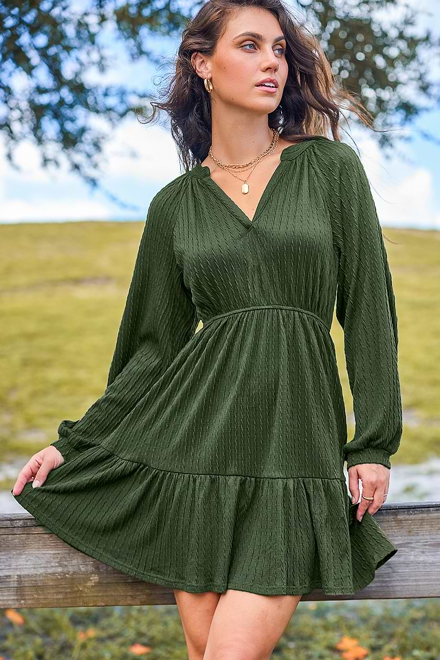 olive green long sleeve mini dress Split Neck Suede