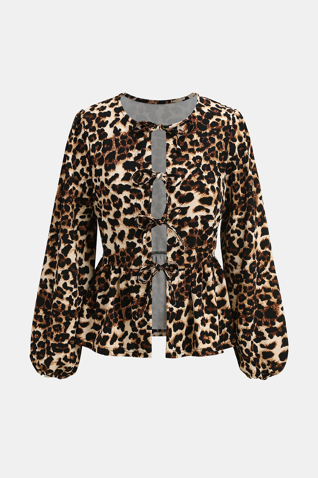Blusa peplum de manga larga y cuello redondo con estampado de leopardo