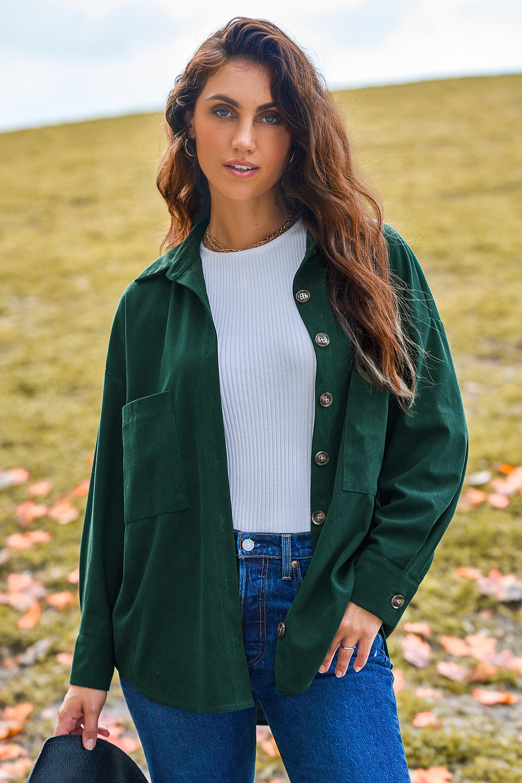 Groene kraag lange mouw patch zak shacket