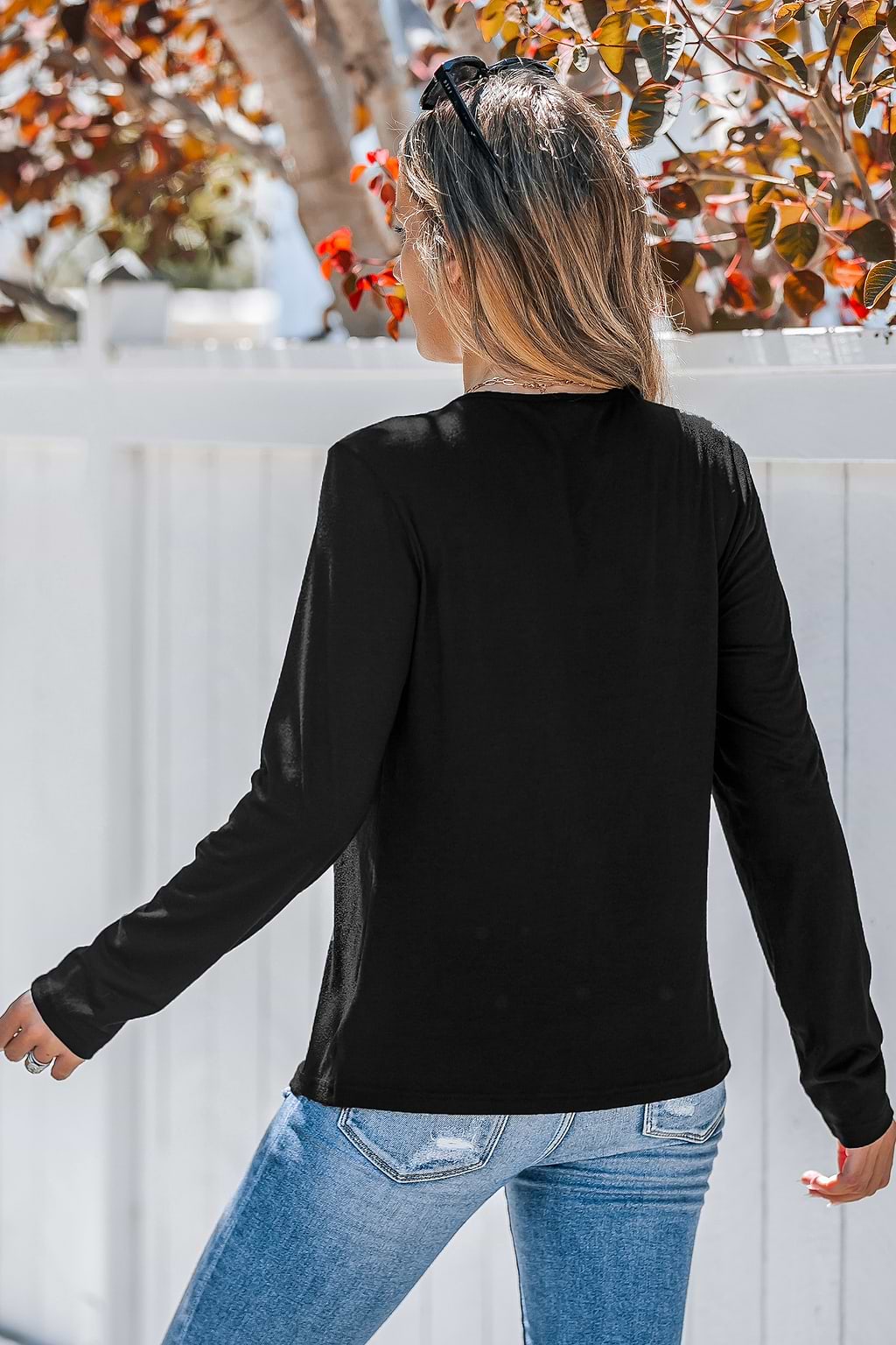 Black Round Neck Long Sleeve Henley