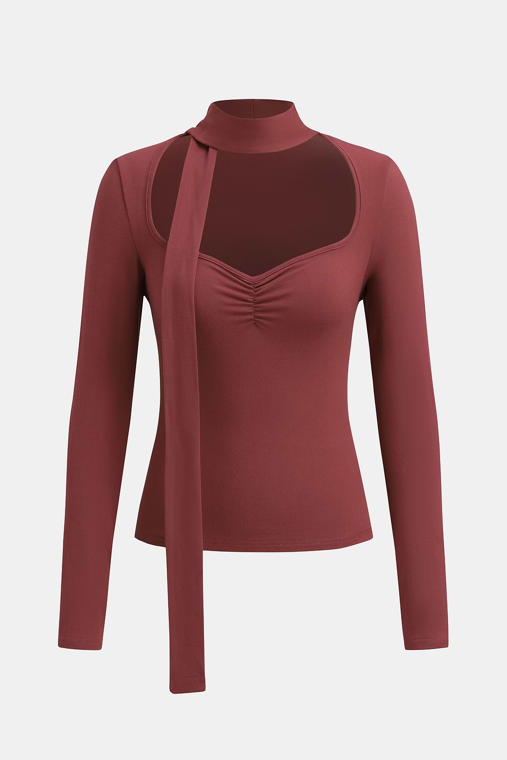 Burgundy Neck Tie Long Sleeve Jersey Top