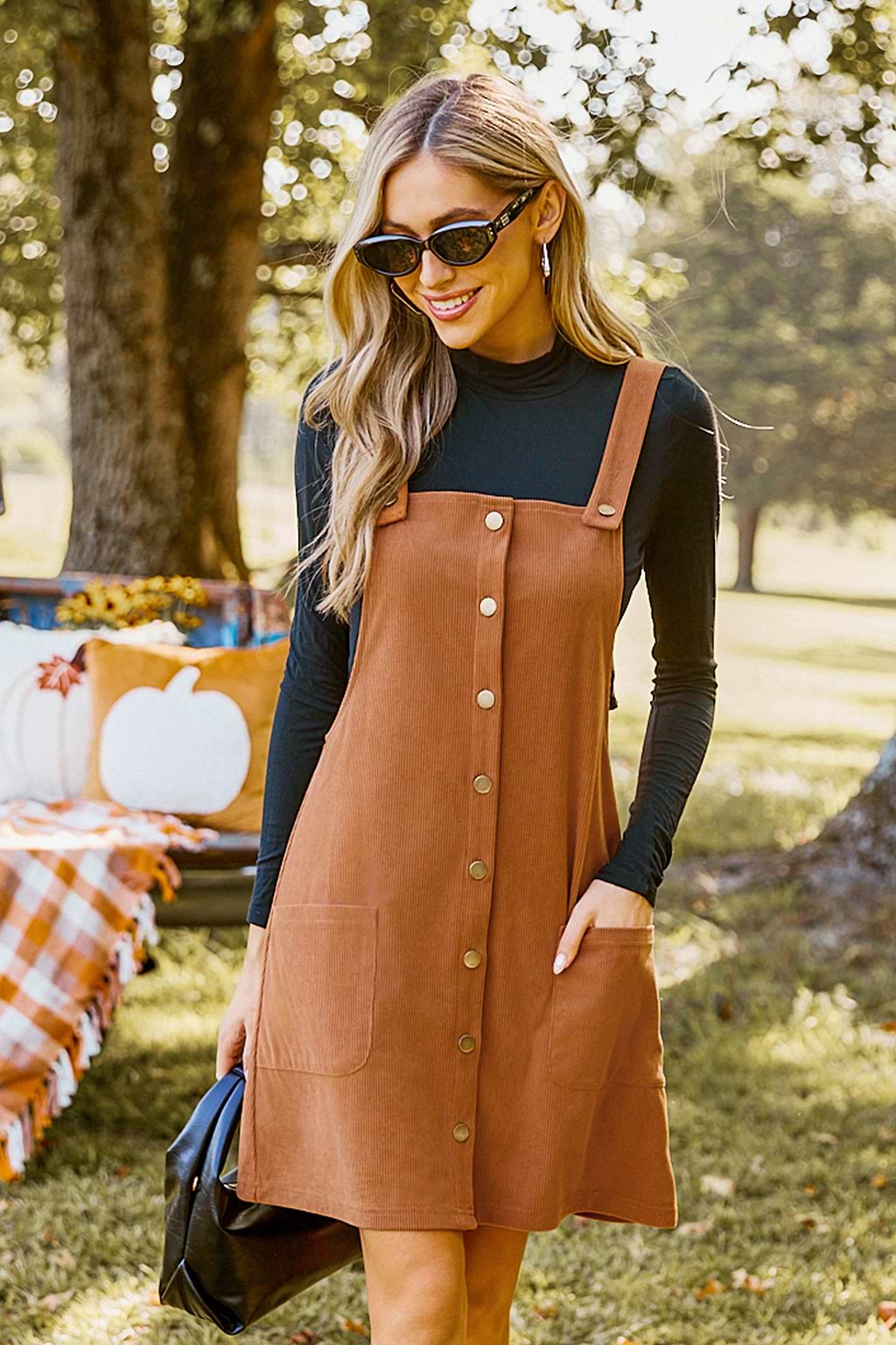Brown Corduroy Square Neck Pinafore Dress