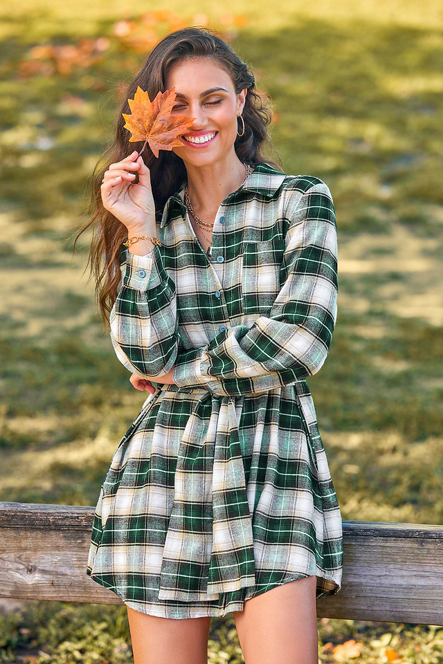 Green Plaid Front Button Mini Shirt Dress