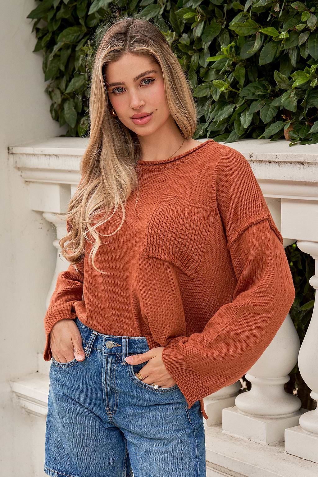Burnt Orange Drop Shoulder Long Sleeve Sweater