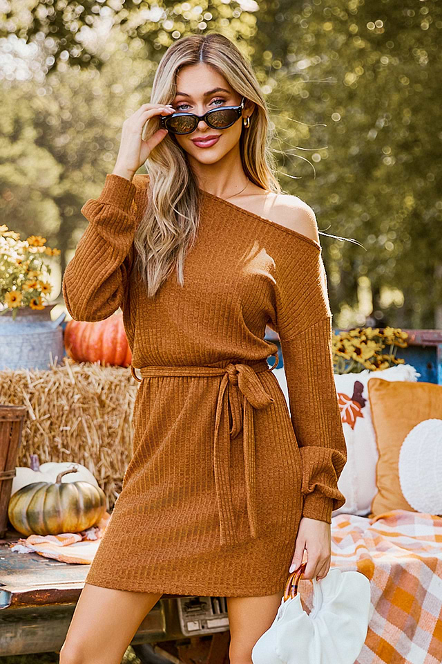 Light Brown Off-Shoulder Long Sleeve Mini Knit Dress Light Brown Off-Shoulder Long Sleeve Mini Knit Dress