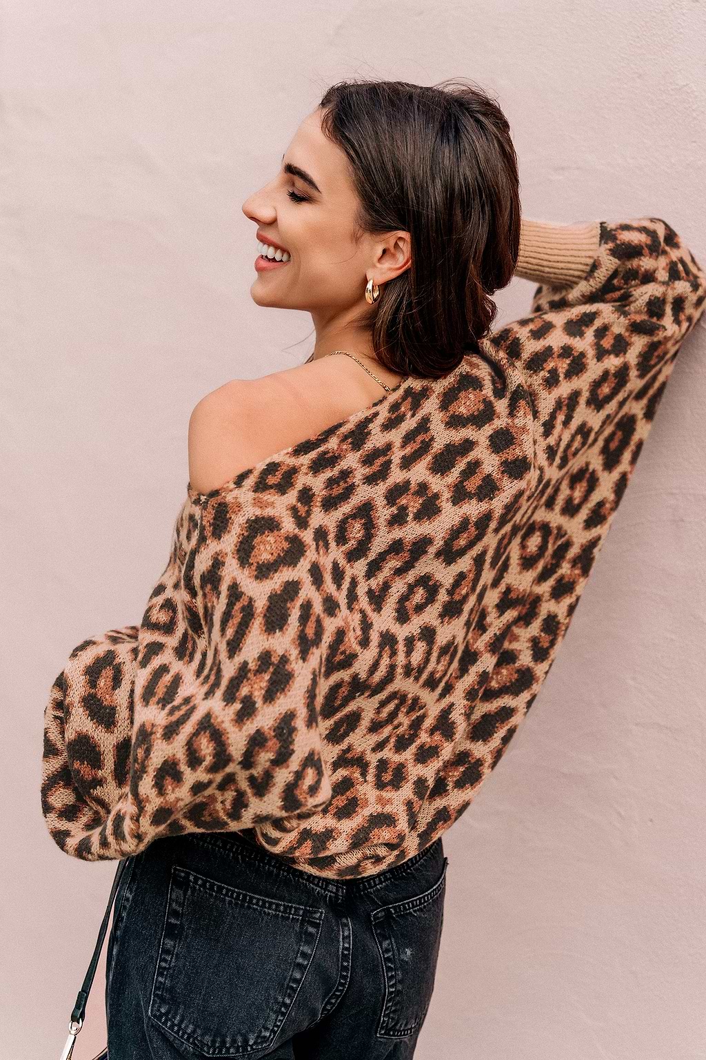 Leopard Print Boatneck Puff Sleeve Sweater