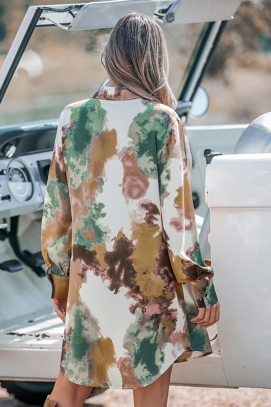 Abstract Collared Long Sleeve Button Up Mini Dress