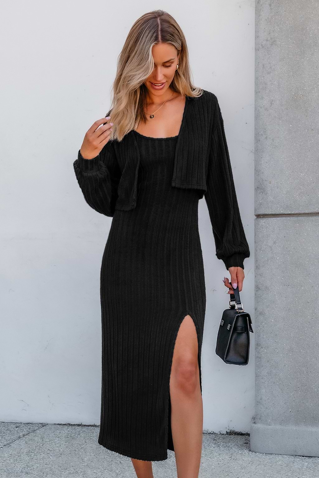 Black Ribbed Knit Cardigan & Split Hem Midi Dress Set