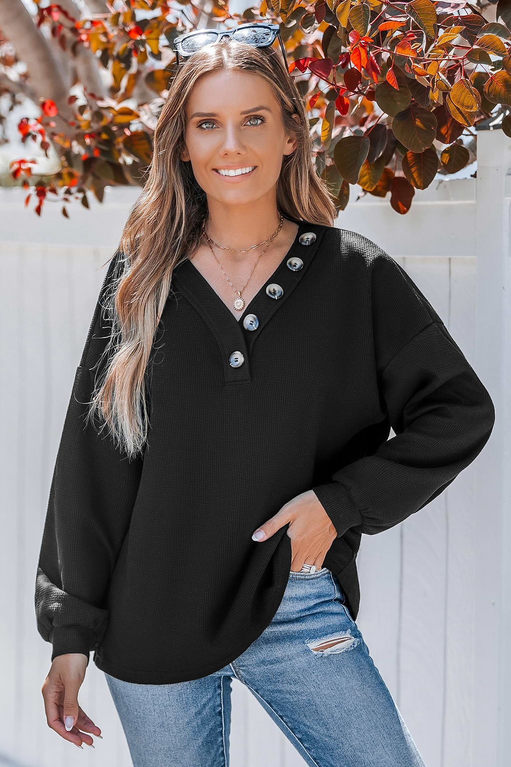 Zwarte V-hals drop shoulder lange mouwen jersey top