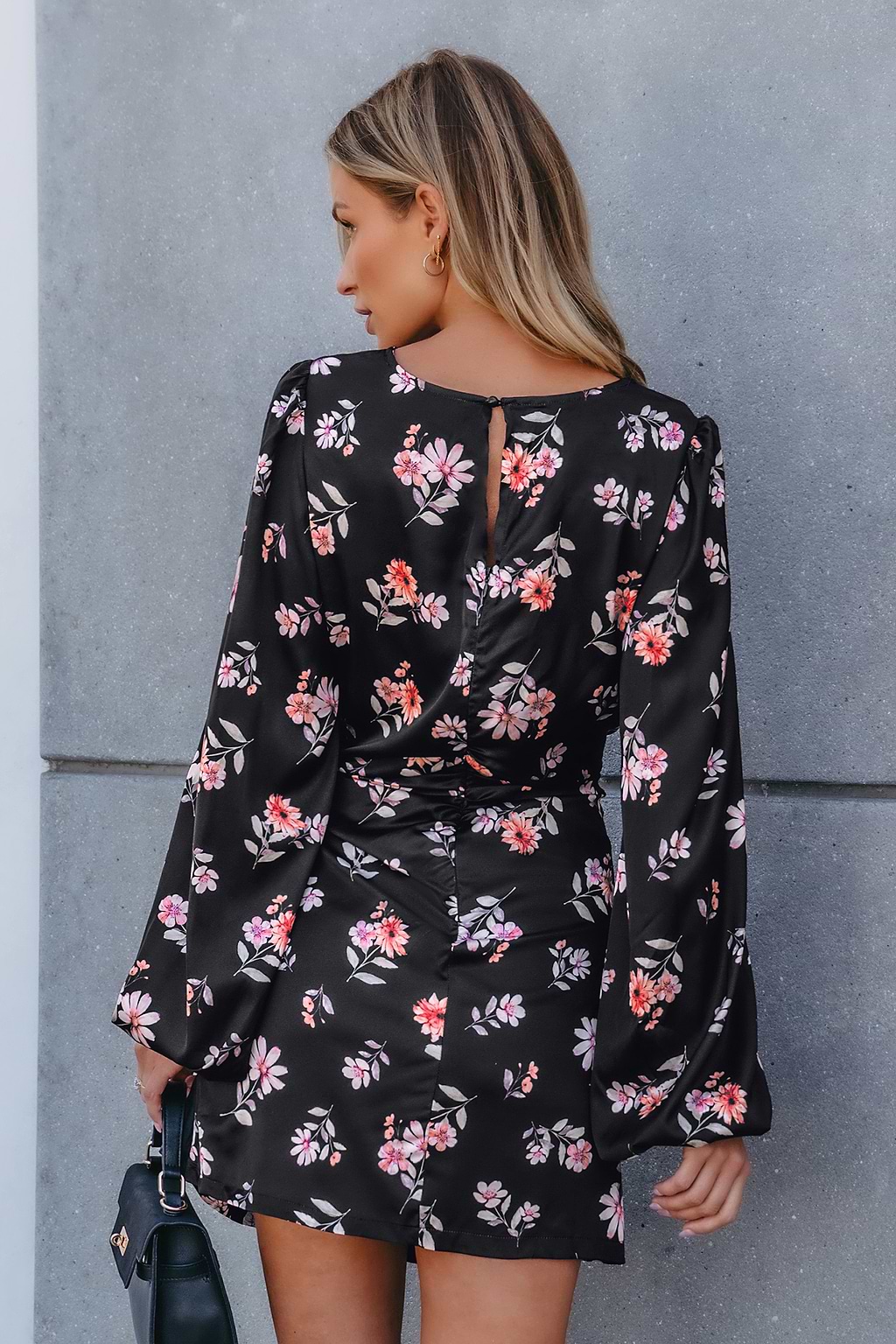 Black Floral Blouson Sleeve Wrap Skirt Mini Dress