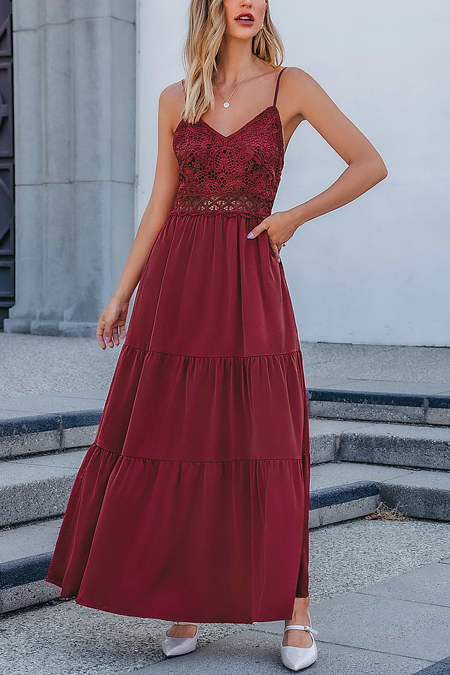 knee length dresses for ladies A-line Scoop Neck Red Lace Prom Dress Lace-up Prom Gown With Silt #QWE –  SELINADRESS main image 1