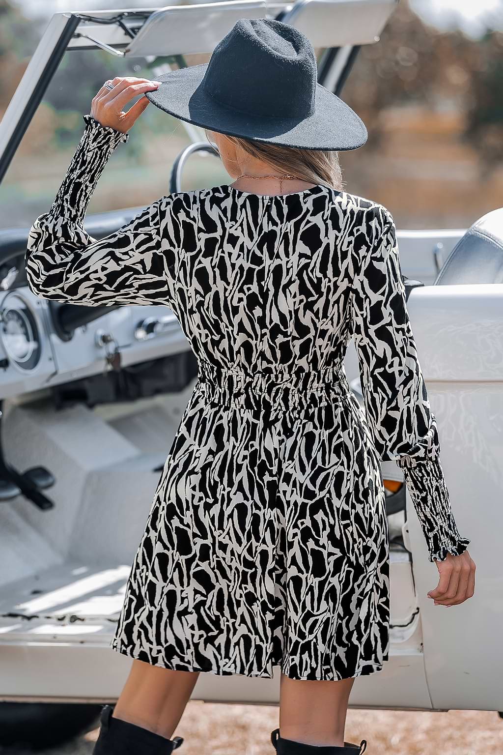 Abstract V-Neck Smocked Waist Long Sleeve Mini Dress