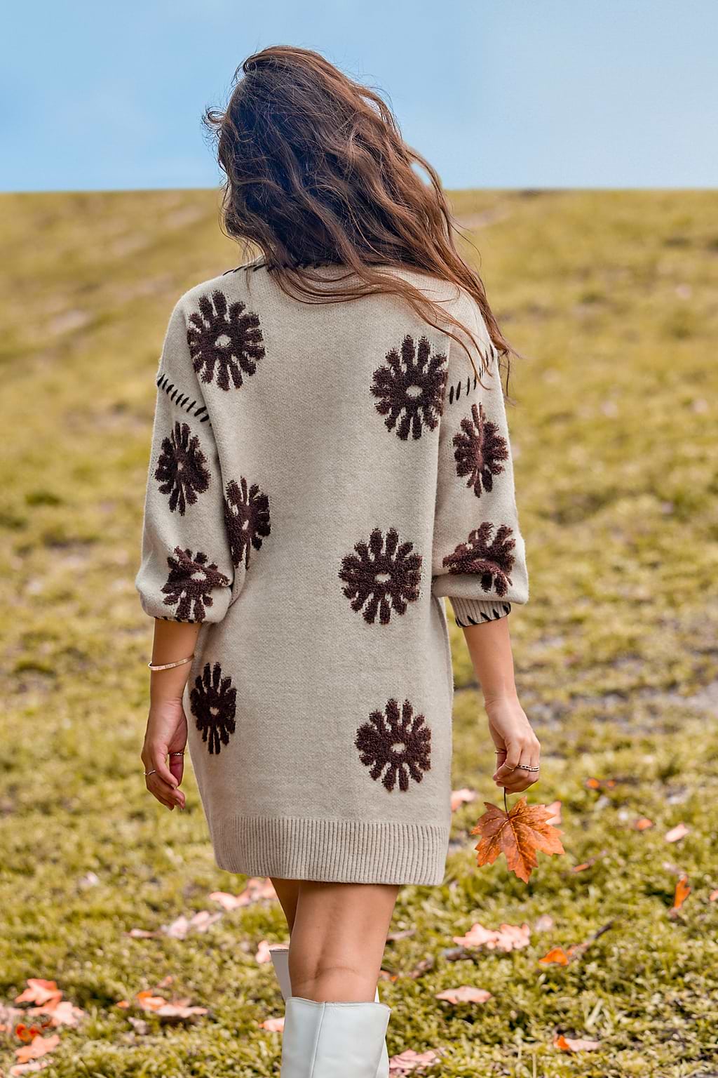 Camel Whipstitch & Floral Embroidered Mini Sweater Dress