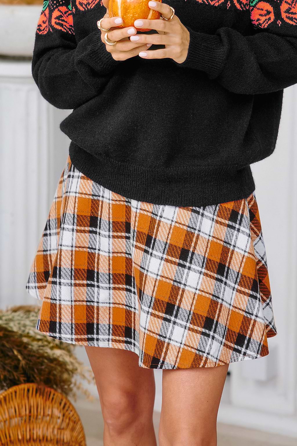 Orange Plaid Flared Mini Skirt