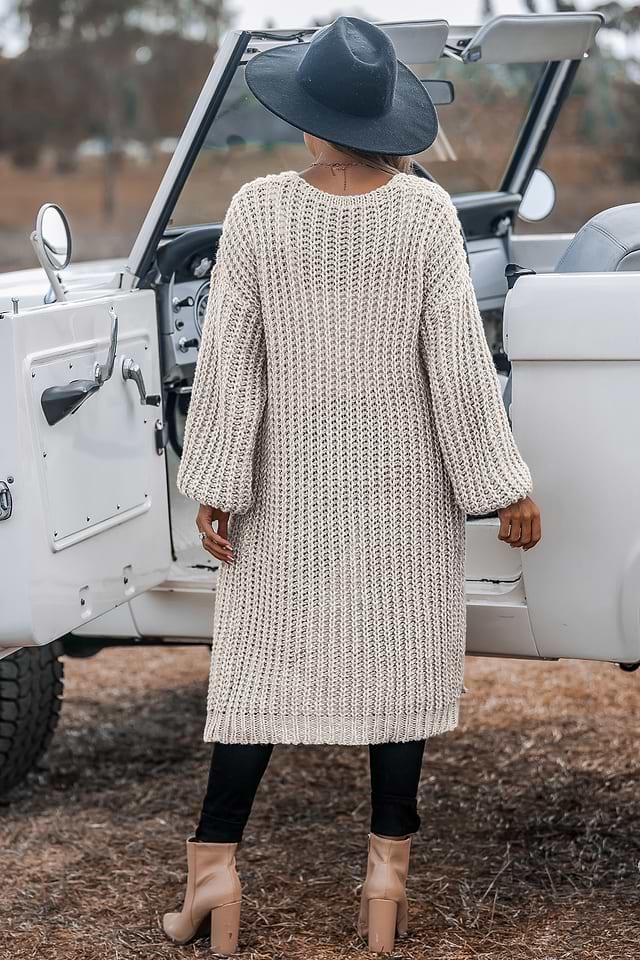 Camel Open Front Long Sleeve Duster Sweater