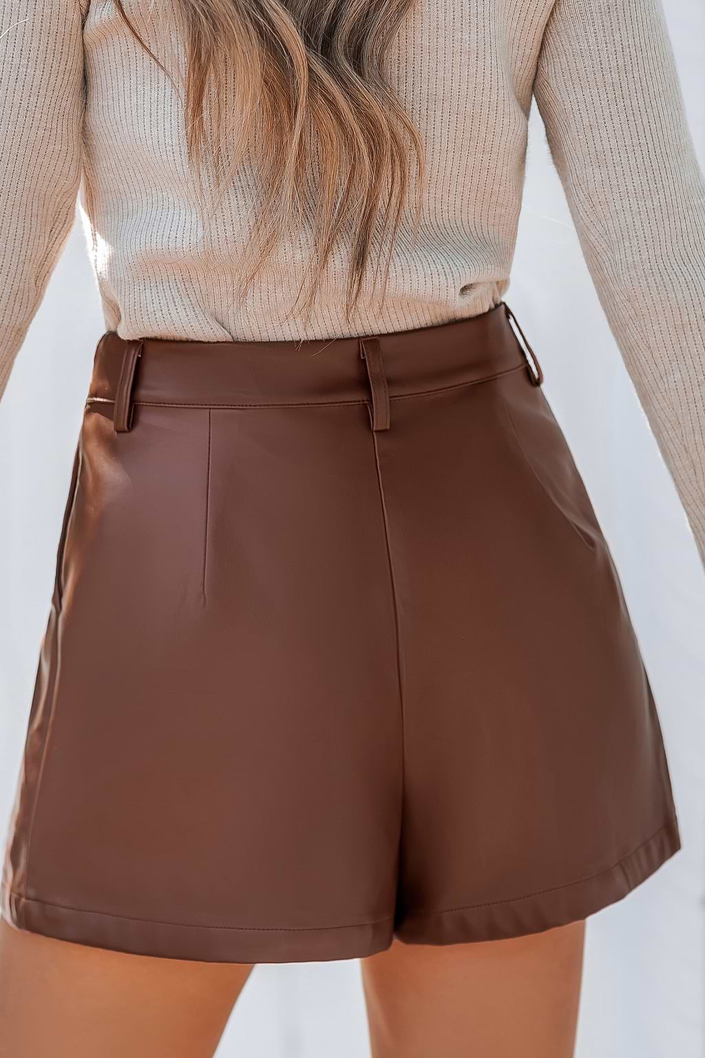 Brown Faux Leather Pocket Straight Leg Shorts