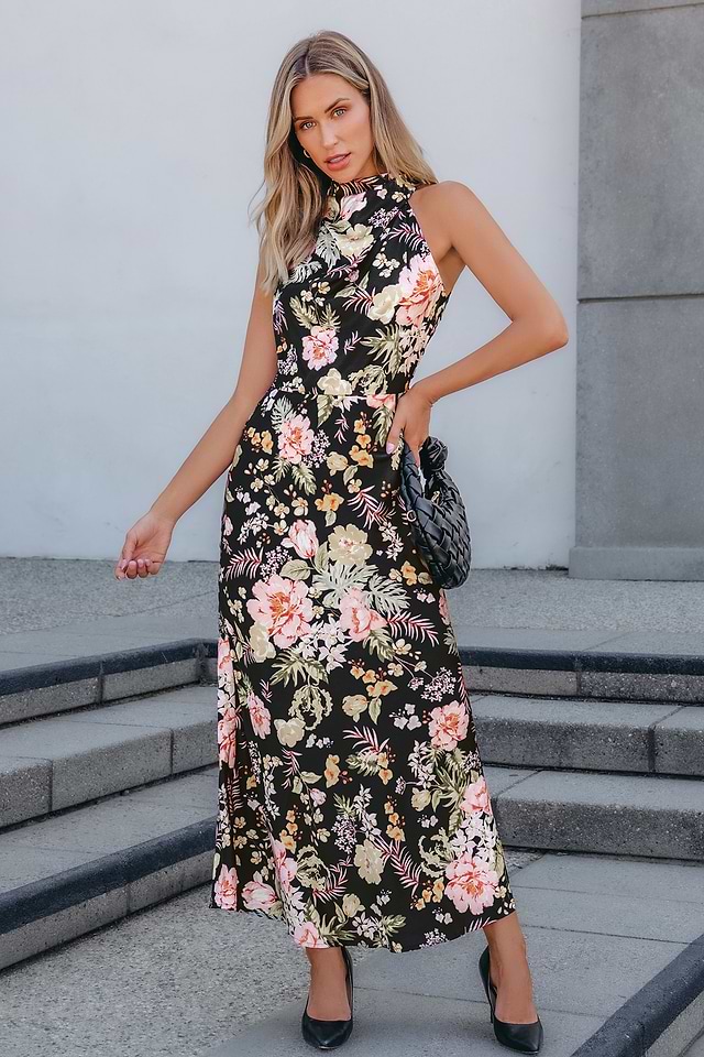 Black Floral Draped High Neck Sleeveless Maxi Dress Black Floral Draped High Neck Sleeveless Maxi Dress