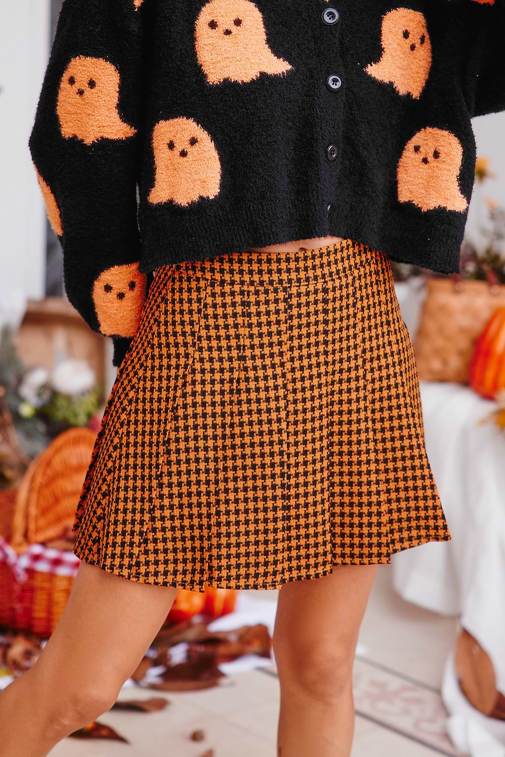 Orange & Black Houndstooth Pleated Mini Skirt