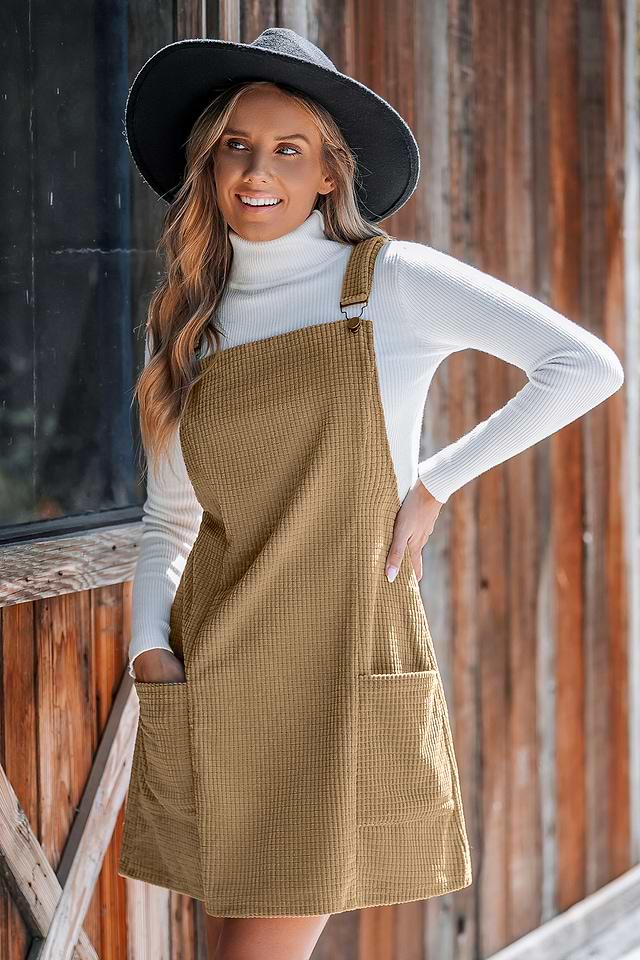 Brown Corduroy Patch Pocket Mini Overall Dress