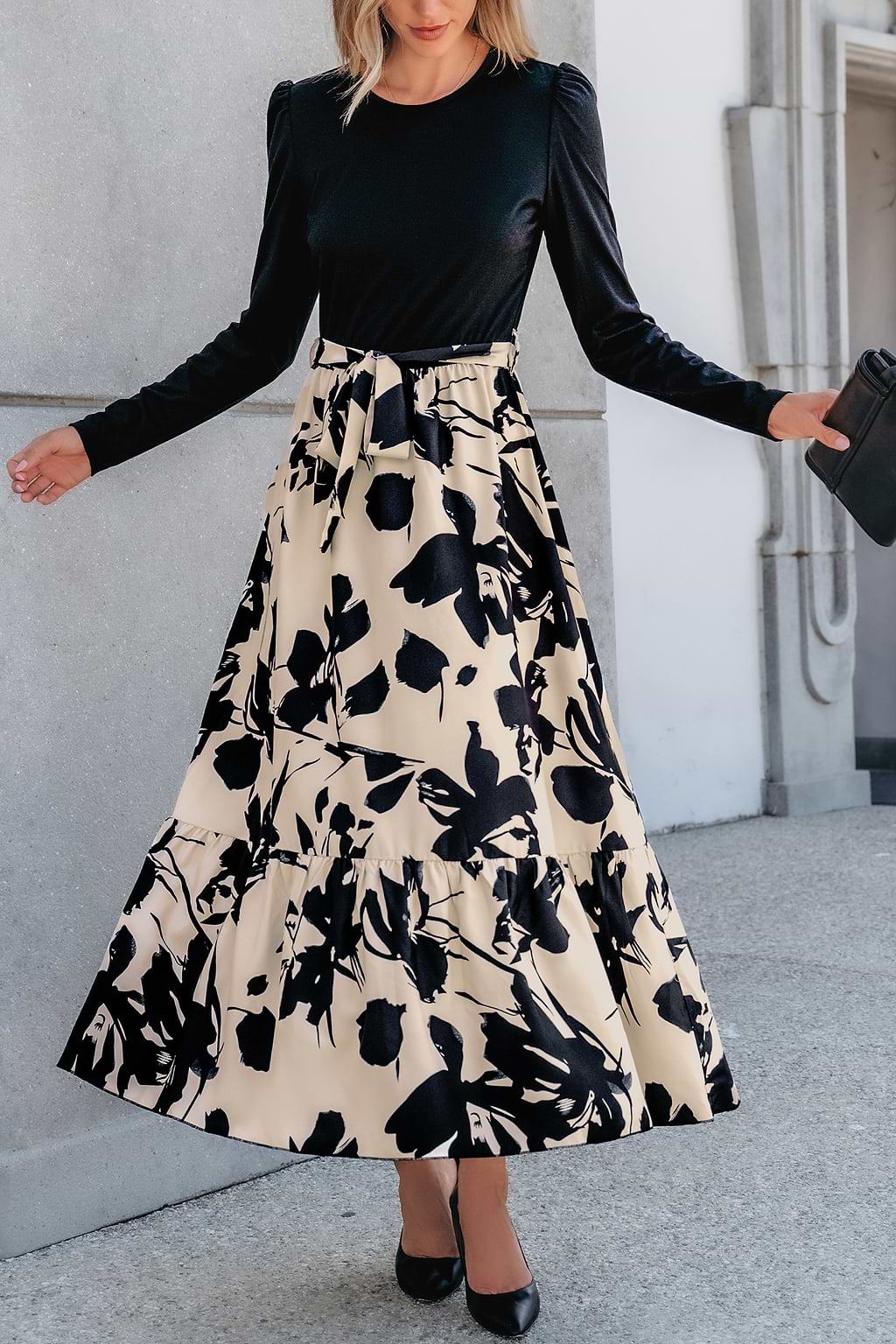 Black Belted Floral Print Maxi Dress