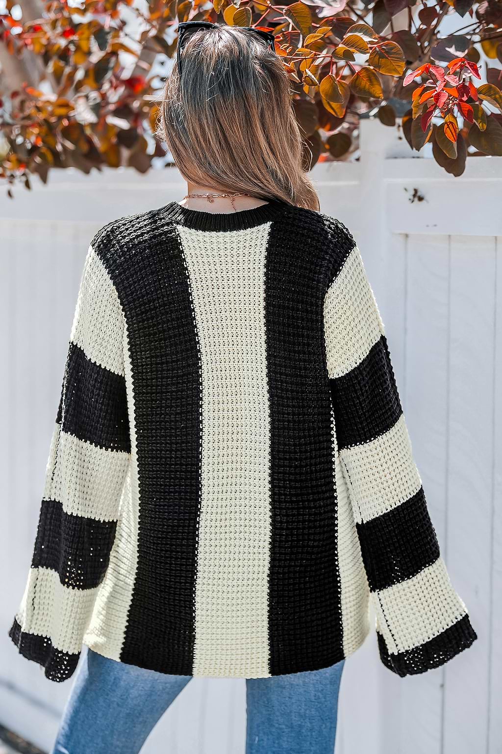 Neutral Striped Round Neck Bell Sleeve Sweater