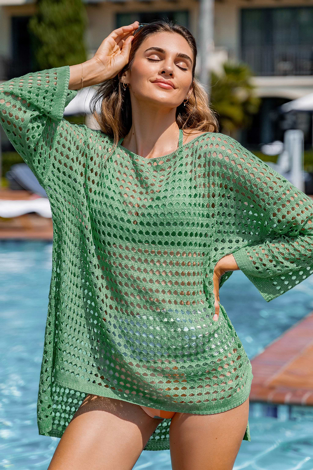 Mint Open Knit Boatneck Long Sleeve Mini Cover-Up