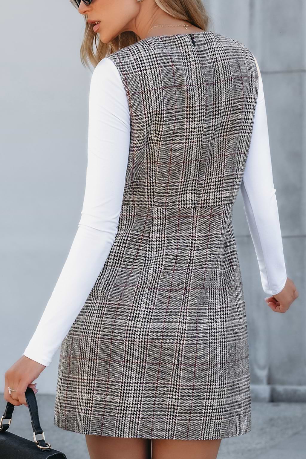 Grey Plaid V-Neck Sleeveless Mini Dress