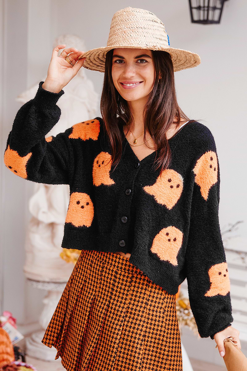 Black & Orange Ghostie Blouson Sleeve Cardigan