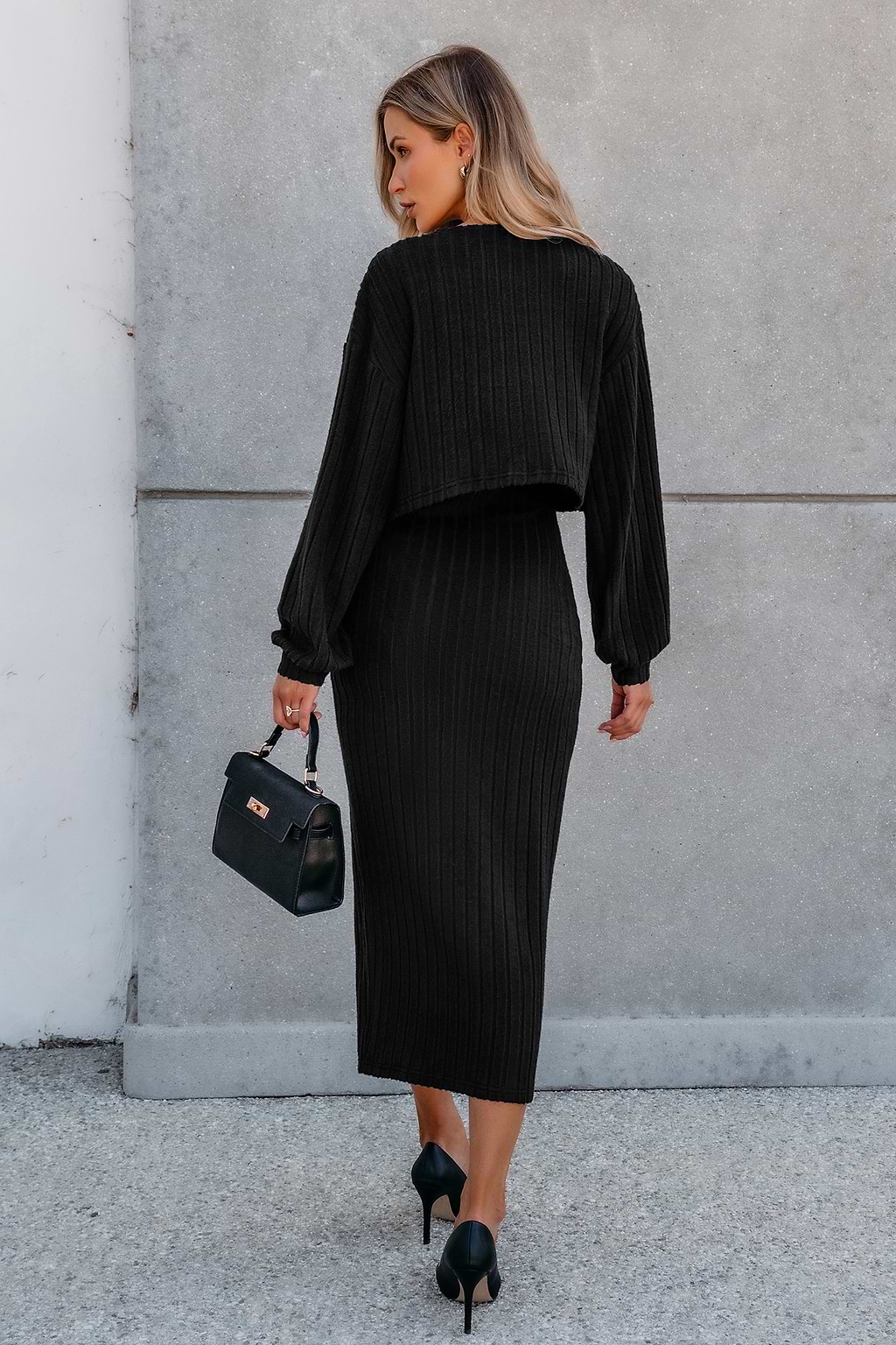 Black Ribbed Knit Cardigan & Split Hem Midi Dress Set