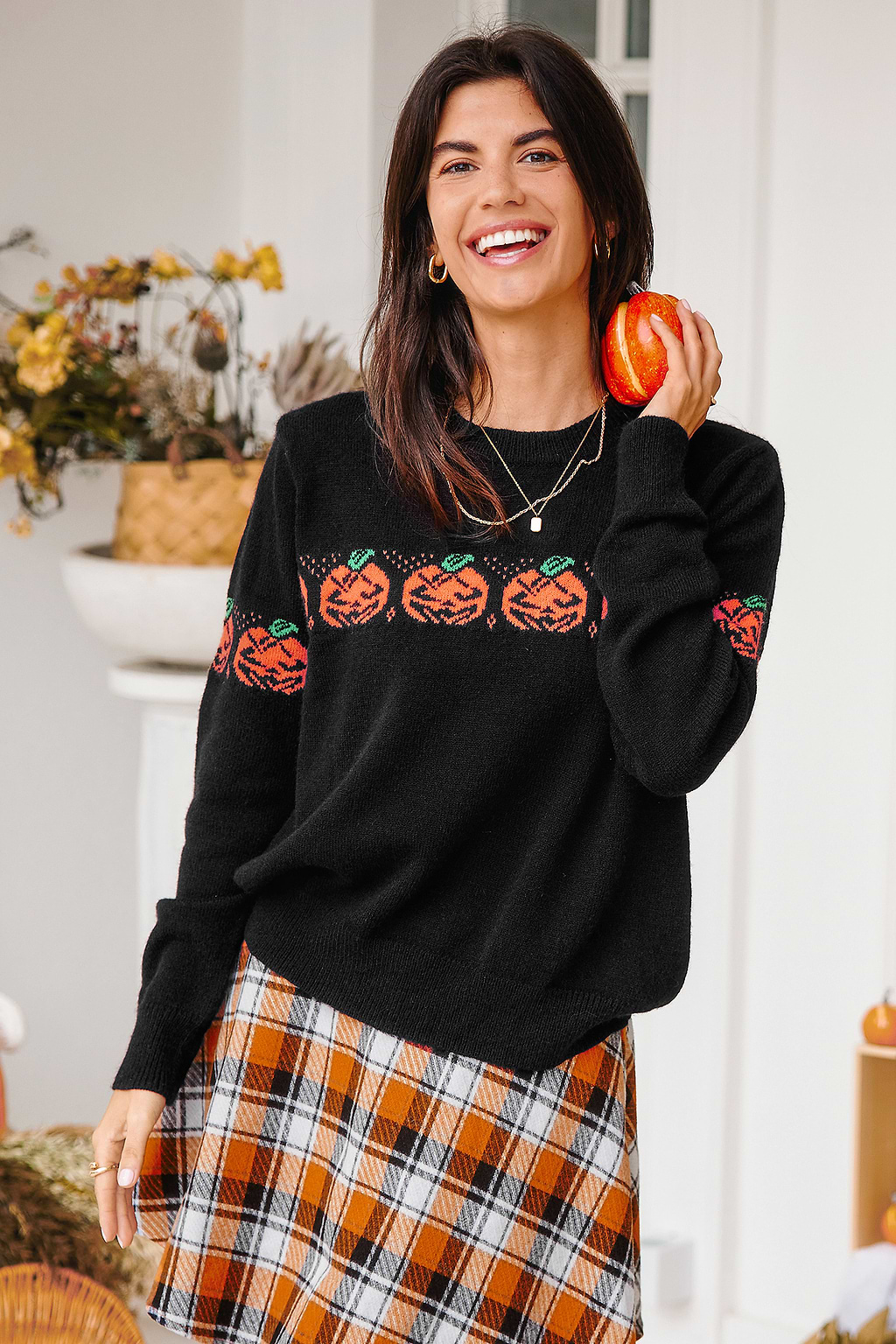 Black Pumpkin Round Neck Long Sleeve Sweater