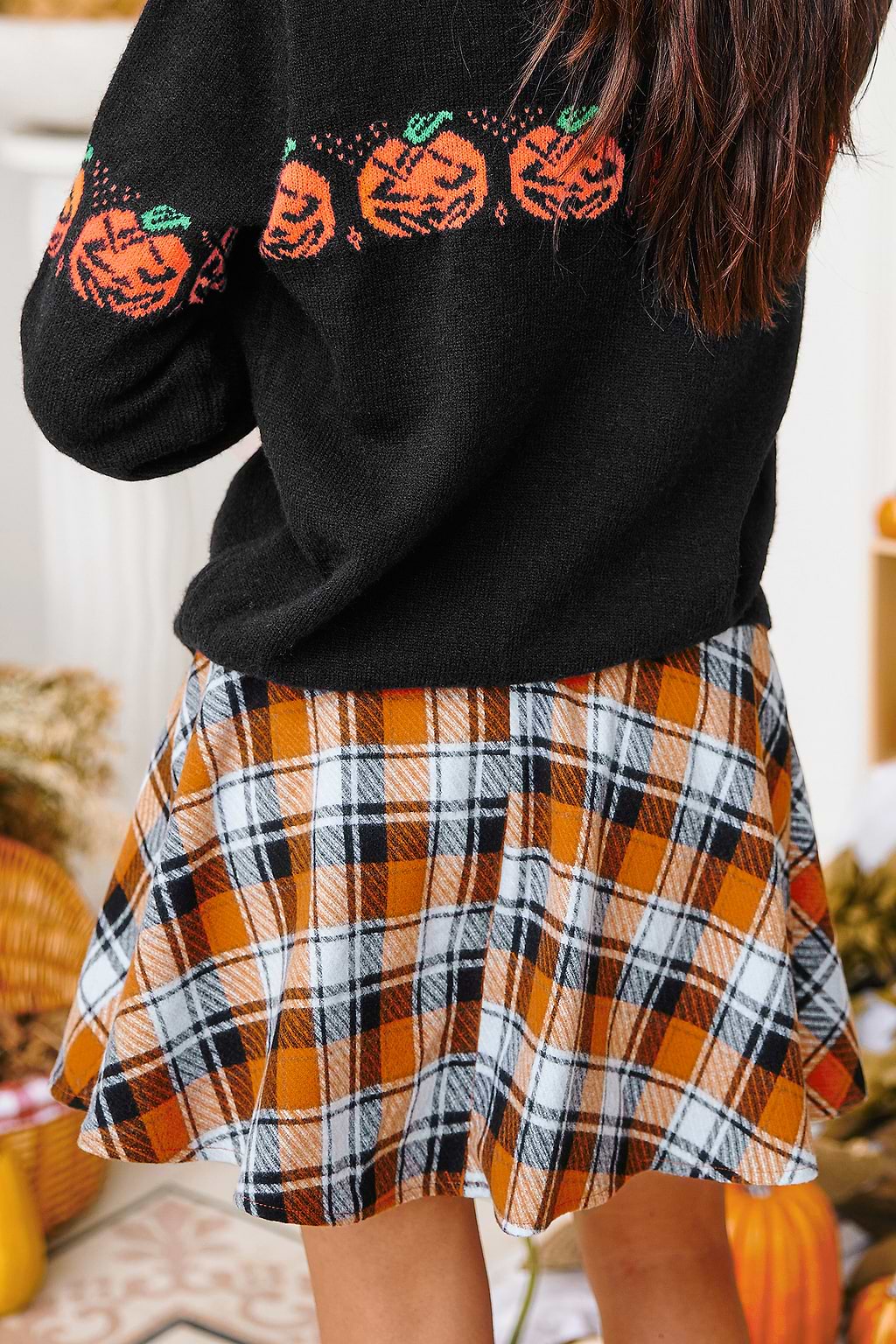 Orange Plaid Flared Mini Skirt