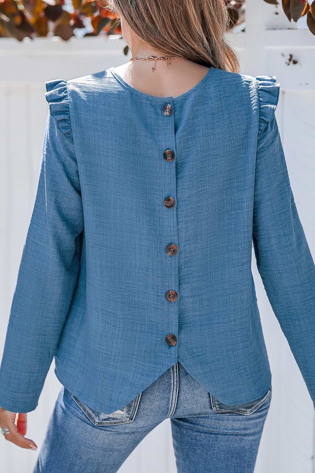 Blue Round Neck Ruffled Shoulder Long Sleeve Blouse