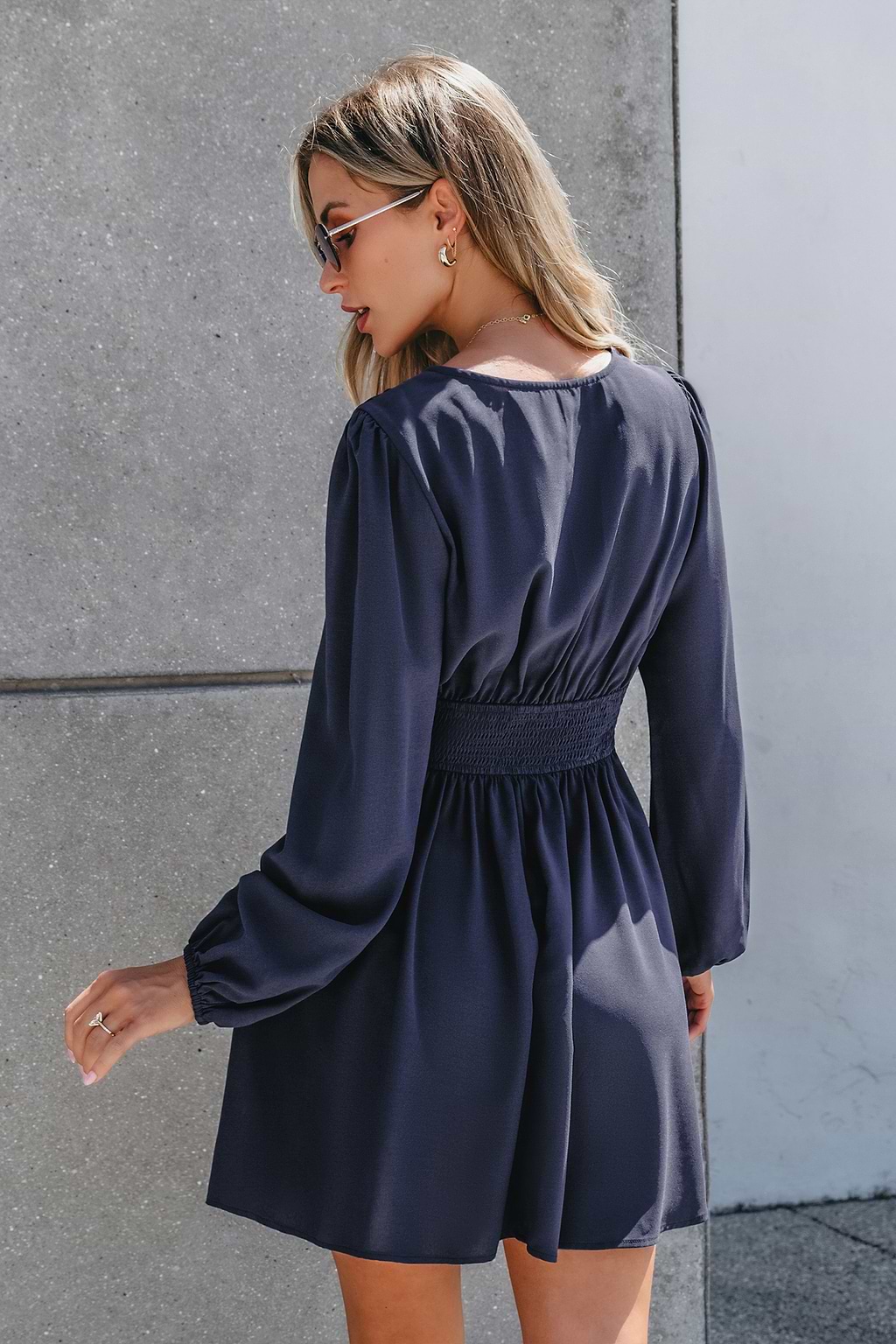 Navy Surplice Blouson Sleeve Ruched Waist Mini Dress