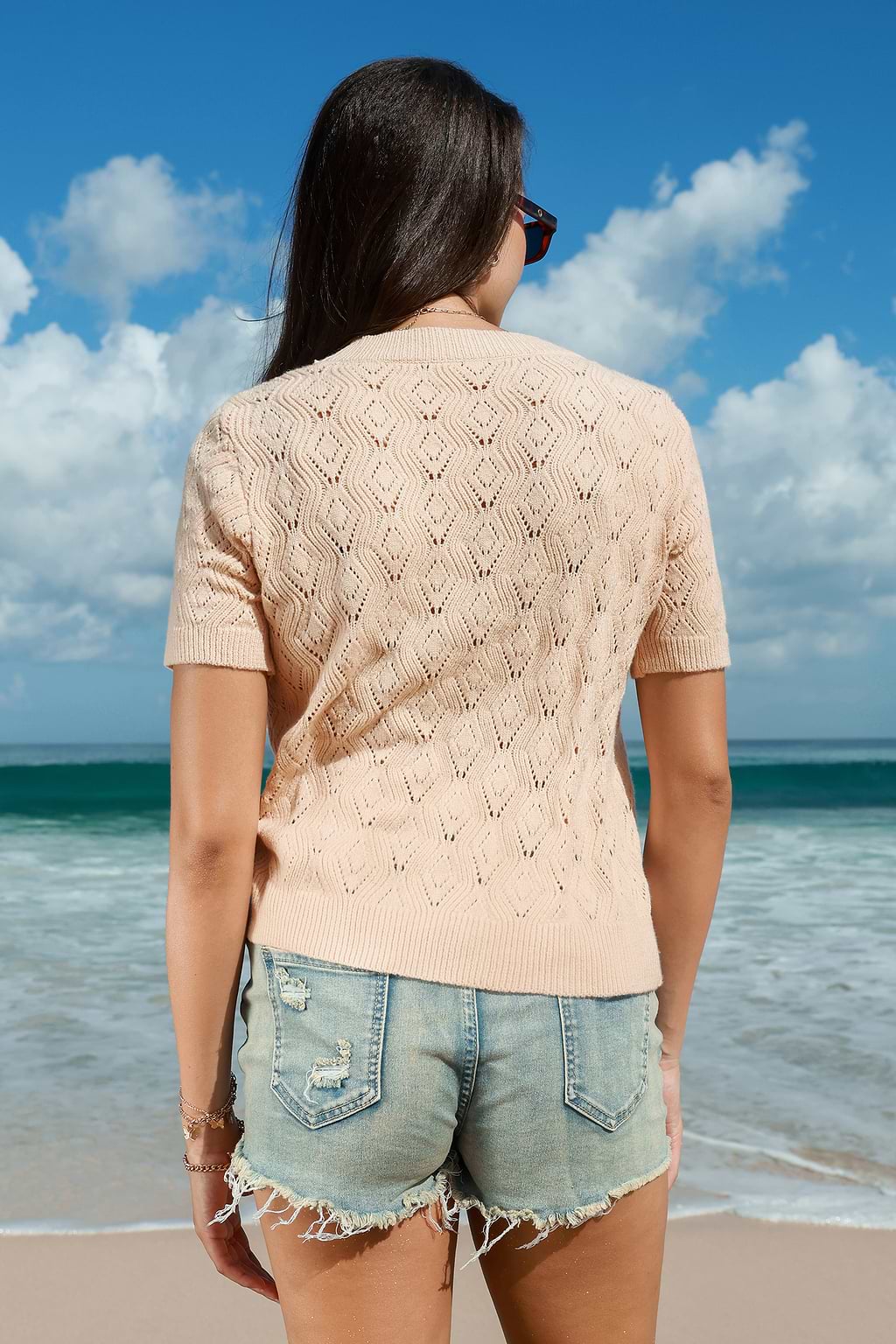 Cárdigan de punto de manga corta con abertura frontal en color rosa